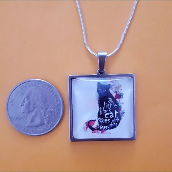 Black Cat Hand Crafted Stainless Steel Charm Stamped Sterling Silver Necklace - Picture 5 of 7
